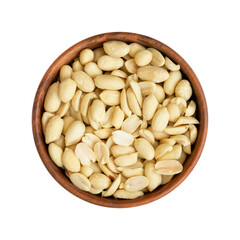 Salted roasted peanuts in wooden bowl isolated on white background.