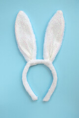 Fluffy bunny ears isolated on blue background, top view, flat lay.