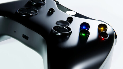 Video game controller. Black gamepad close up on a white background. 3d render.