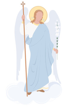 Archangel Gabriel on a cloud with a white lily - Celestial messenger. Vector. Religion - Catholicism and Orthodoxy . Angel of Revelation, Saint Gabriel the Archangels festival day and Annunciation