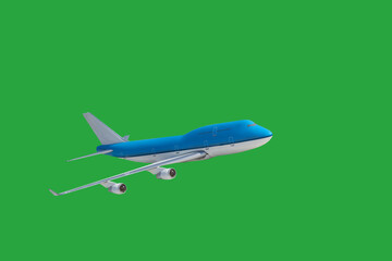 Airplane model is isolated on green background. Concept travel