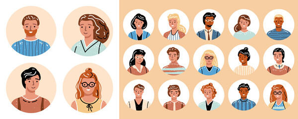 People avatar big bundle. Set of different person portrait of diverse business team isolated on white background. Man and woman faces at round frame. Vector flat style cartoon illustration