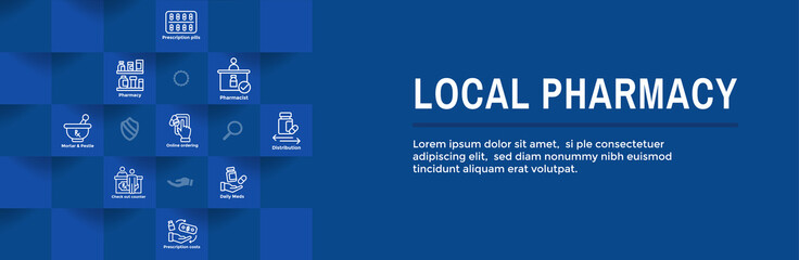 Pharmaceuticals and medications icon set w web header banner