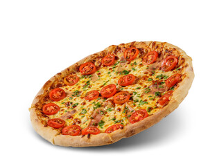 Pizza with cheese and tomato sauce isolated on white background. fresh cherry tomato topping.