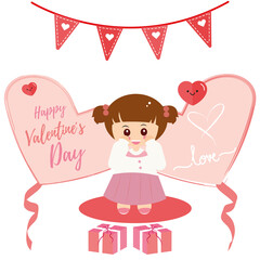 Happy valentines day card. Sweet girl with gift boxes - Vector
