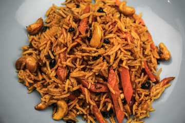 hot rice with pork on a black background