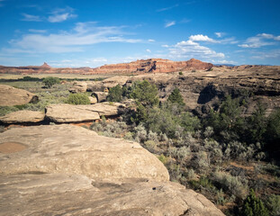 Surreal Canyonlands National Park sandstone domes and ice blue sky
