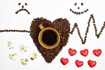 On a white background - a cup of coffee, under it is a heart shape made of coffee beans, on the sides a heart rate cardiogram and a decor of red and white hearts