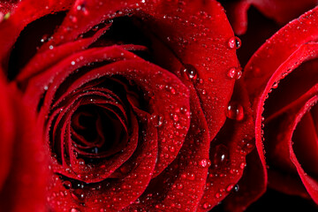 Water drops on the red rose petals. Valentine day concept