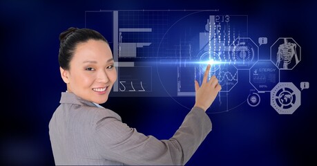Financial data processing over woman using interactive digital screen