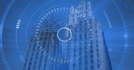 Obraz premium Scope scanning over skyscrapers on blue background