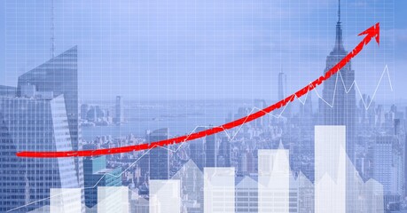 Financial data processing with red line over modern cityscape on blue background