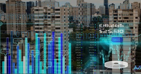 Financial data processing over modern cityscape in background