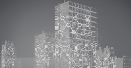 Network of connections over modern cityscape in background