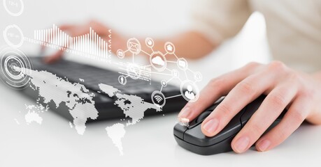 Financial data processing and world map over woman using computer