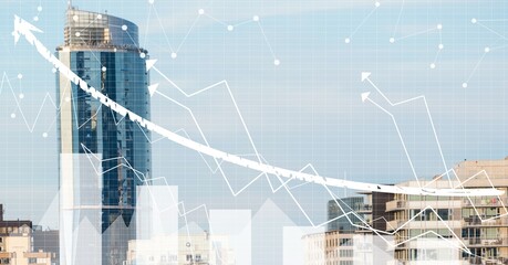 Financial data processing over modern cityscape in background