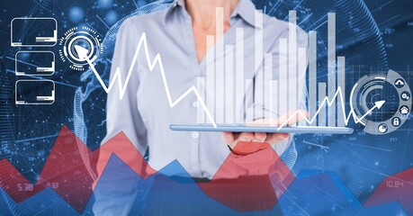 Financial data processing over woman holding digital tablet