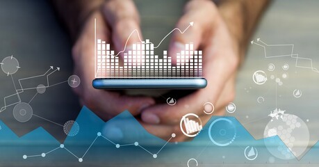 Financial data processing over man using smartphone