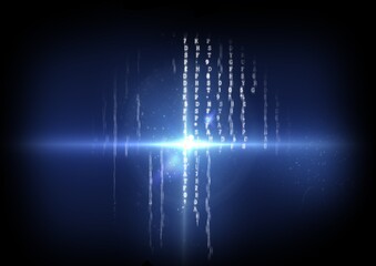 Glowing blue spot of light with white letters on blue background