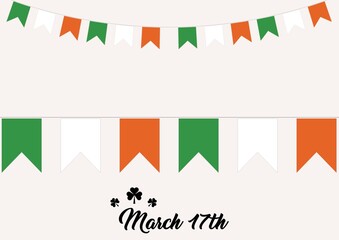 March 17th text with irish flag bunting on white background