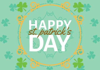 Happy st patrick's day text in frame over clover patterned green background