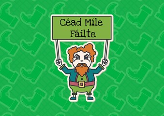 Cead mile failte text on green board held by leprechaun on green patterned background - Powered by Adobe