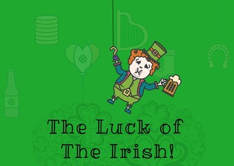 The luck of the irish text with leprechauns holding glass of beer on patterned green background