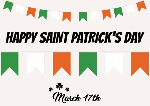 Happy saint patrick's day march 17th text with irish flag bunting on white background