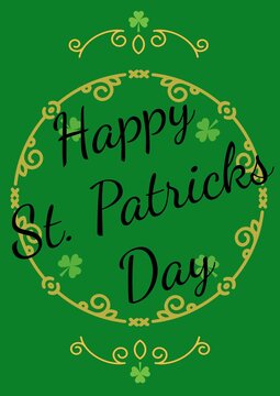 Happy st patrick's day text over frame with clover leaves on green background