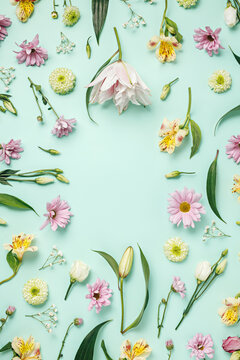 Border frame with fresh flowers and leaves on pastel turquoise background. Minimal spring bloom layout with copy space. Flat lay, table shot.