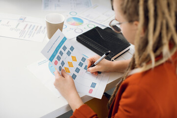 View from shoulder of young woman with dreadlocks working with data and chart at office. Hipster female creating marketing plan. Concept of business, project and creativity.