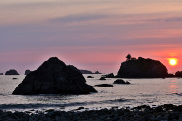 Sunset and sea stacks along Northern California coastline, Crescent City