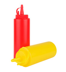Red and yellow plastic bottles with dispensers for tomato ketchup and mustard isolated on white background