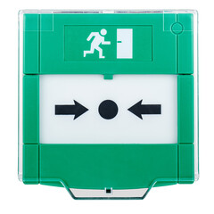 Green emergency door release button isolated on white background