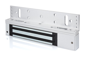 Electromagnetic door lock assembled with mounting plate isolated on a white background