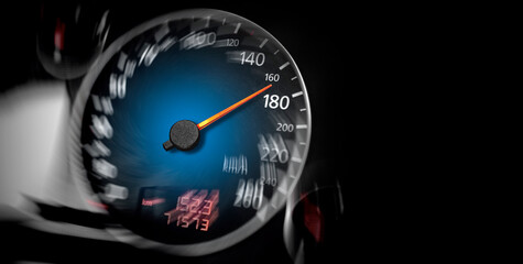 The speedometer of a modern car shows a high driving speed. Added motion blur. - obrazy, fototapety, plakaty