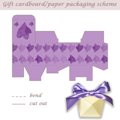 Printable multifaceted paper or cardboard festive packaging and wrapping scheme box for gifts, presents, sweets, laser cut