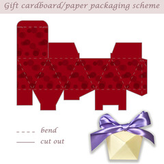Printable multifaceted paper or cardboard festive packaging and wrapping scheme box for gifts, presents, sweets, laser cut