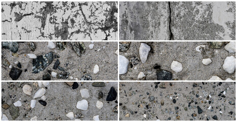 Texture set of old cracked concrete walls. Rough gray concrete surfaces with stones. Collection of panoramic backgrounds for design.