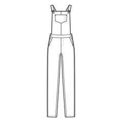 Dungaree Denim overall jumpsuit technical fashion illustration with full floor length, normal waist, high rise, pockets, Rivets. Flat apparel front, white color style. Women, men unisex CAD mockup