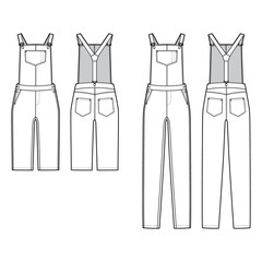 Set of Dungarees Denim overall jumpsuit dress technical fashion illustration with full knee length, normal waist, high rise, pockets, Rivets. Flat front back, white color style. Women, men CAD mockup