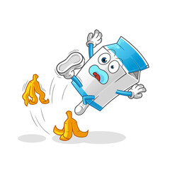 milk slipped on banana character. cartoon mascot vector