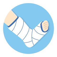 Orthopedic plaster cast, broken leg, trauma rehabilitation, bone fracture flat vector sign icon.