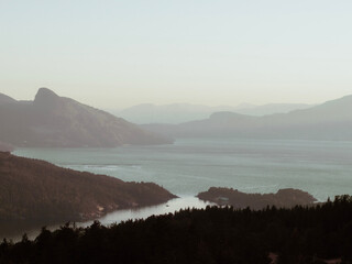 fog over the mountains, Herand, fjord, Norway