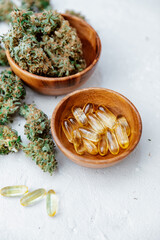 Assorted medical cannabis buds, capsules and CBD oil