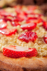 Sweet pizza strawberry with white chocolate - Traditional brazilian pizza de morango com chocolate branco - Closeup.