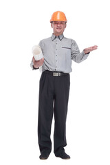 senior male architect with blueprints and helmet.