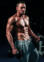 Fototapeta na wymiar Dumbbells. Sportsman in gym. Sporty exercises. Male torso with six packs. Man naked body.