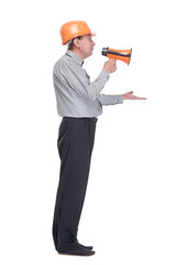 side view. senior architect making an announcement via megaphone .