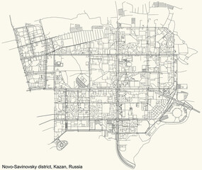 Black simple detailed street roads map on vintage beige background of the quarter Novo-Savinovsky district (raion) of Kazan, Russia